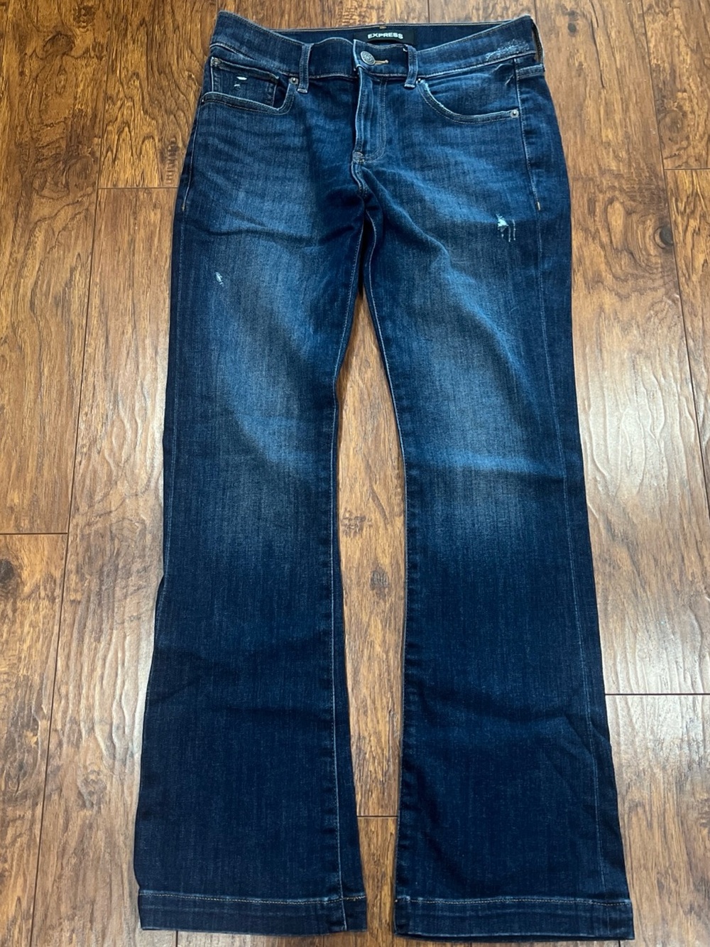 Express Dark Blue Barely Boot Mid Rise Jeans Distressed Womens SZ 4